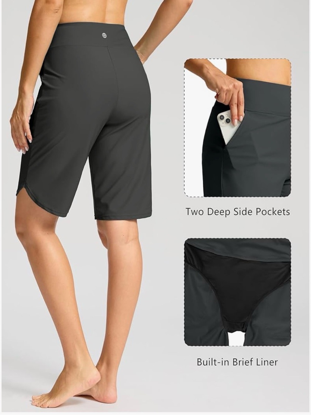 Gradual High-Waist Black Knee-Length Swim Shorts with Pockets. Size Large - Picture 3 of 7